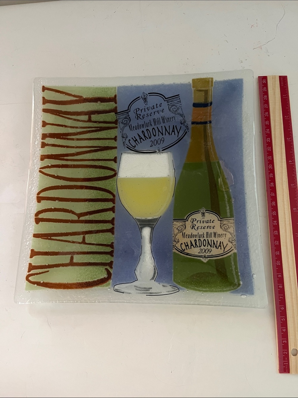 Chardonnay Decorative Glass Tray with Wine Bottle and Glass Design approx. 10x10